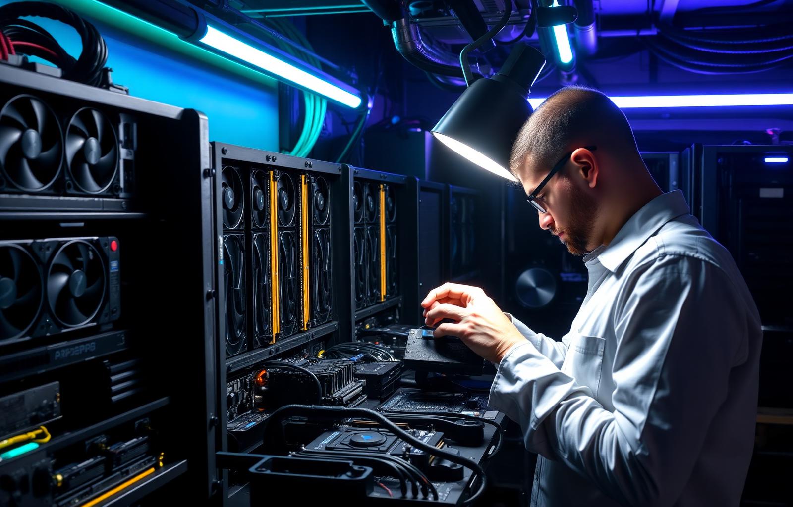 Technician repairing a cryptocurrency GPU mining rig with multiple graphics cards
